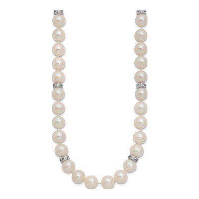 Sterling Silver Freshwater Cultured Pearl & CZ Near-Round Necklace – view 3
