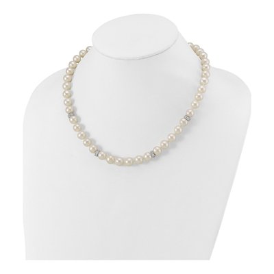 Sterling Silver Freshwater Cultured Pearl & CZ Near-Round Necklace – view 4