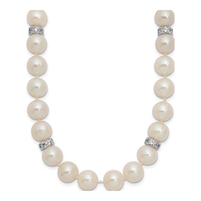 Sterling Silver Freshwater Cultured Pearl & CZ Near-Round Necklace