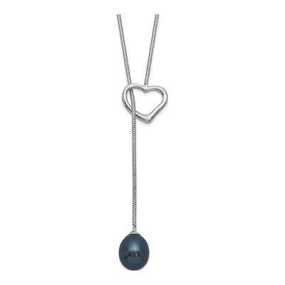 Sterling Silver Black Freshwater Cultured Pearl Heart Drop Necklace