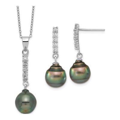 Tahitian Pearl & CZ Necklace and Earrings Set