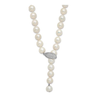 Sterling Silver Freshwater Cultured Pearl & CZ Rhod-Pl Near-Round Adj Necklace