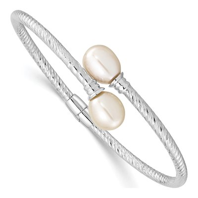 Sterling Silver Freshwater Cultured Pearl Hinged Bangle Bracelet