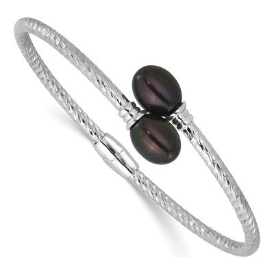 Sterling Silver Black Freshwater Cultured Pearl Hinged Bangle Bracelet