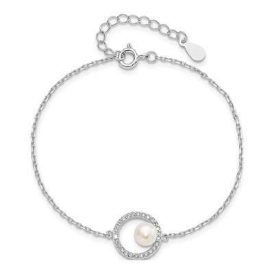 Sterling Silver Freshwater Cultured Pearl & CZ Button Bracelet – view 3