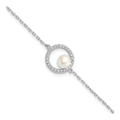 Sterling Silver Freshwater Cultured Pearl & CZ Button Bracelet