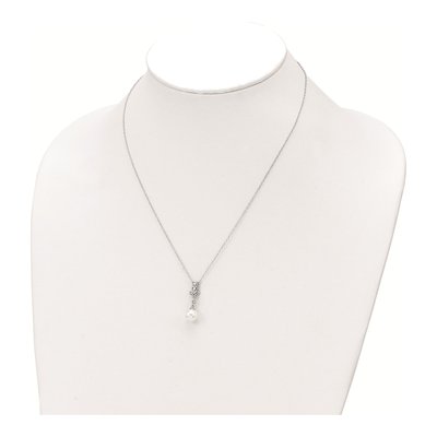 Sterling Silver Simulated Pearl & CZ Glass Necklace – view 3
