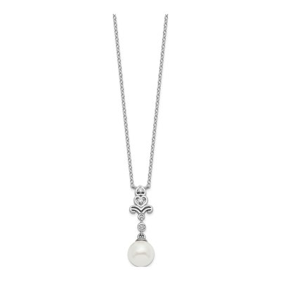 Sterling Silver Simulated Pearl & CZ Glass Necklace