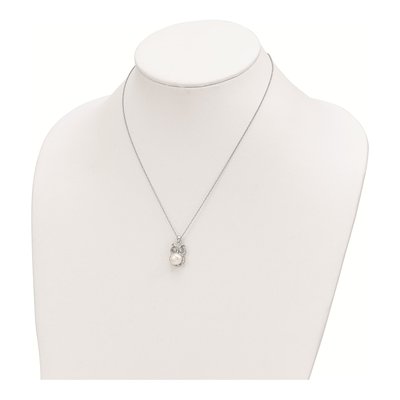 Sterling Silver Freshwater Cultured Pearl & CZ Owl Necklace – view 4