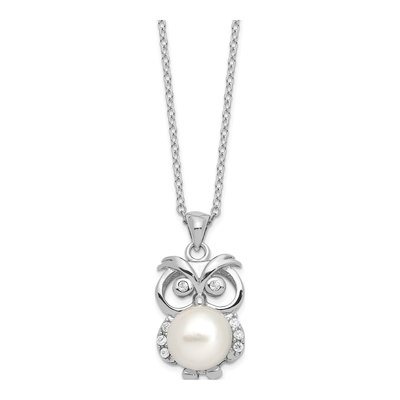 Sterling Silver Freshwater Cultured Pearl & CZ Owl Necklace