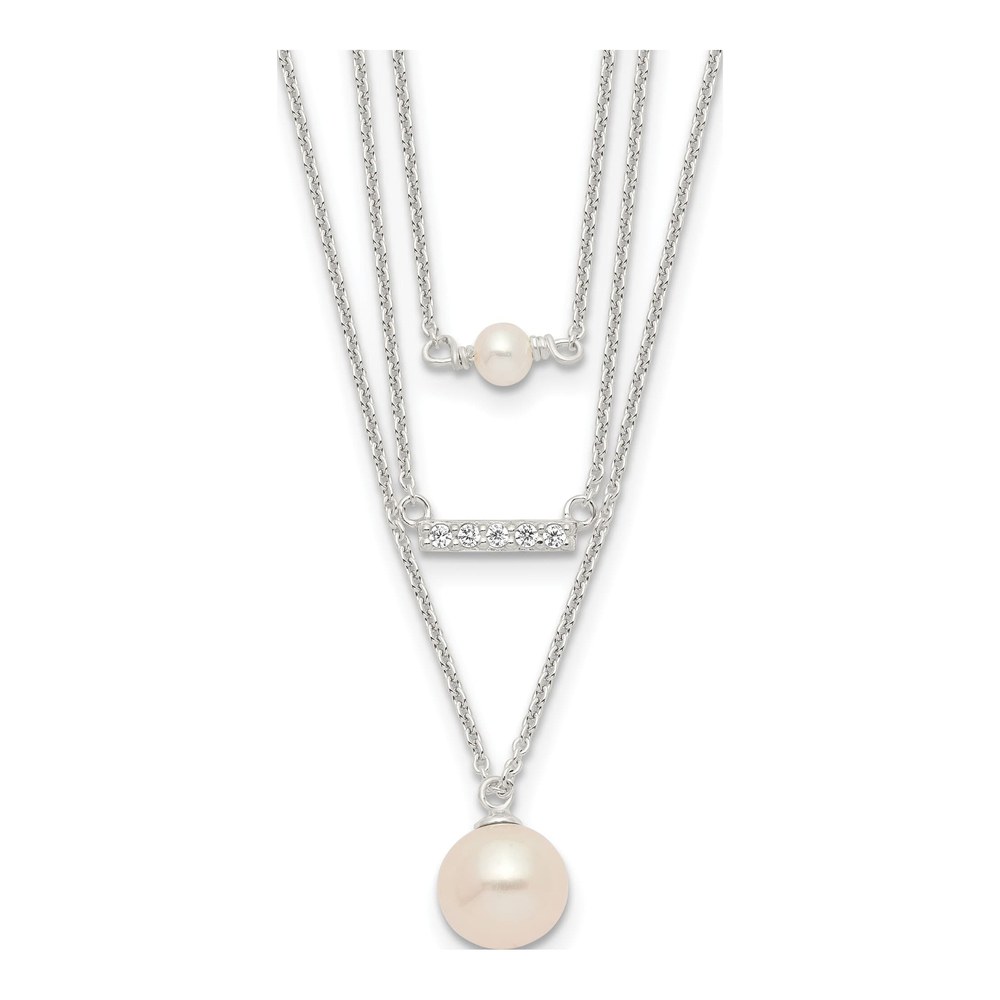 Sterling Silver Rhodium-Plated Multi Strand Cz And Glass Pearl Necklace