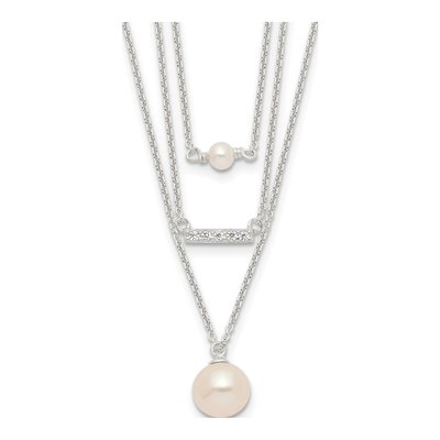 Sterling Silver Simulated Pearl & CZ Multi Strand Glass Necklace