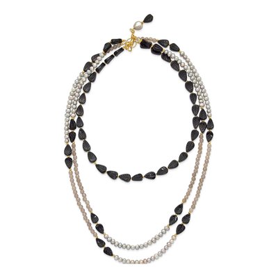 Gold-Plated Sterling Silver Agate & Grey Freshwater Cultured Pearl Multi-Strand Necklace – view 3