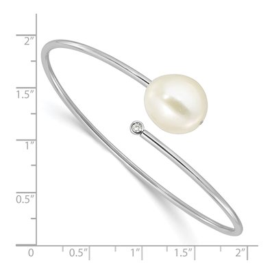 Sterling Silver Freshwater Cultured Pearl & CZ Flexible Bangle Bracelet – view 3