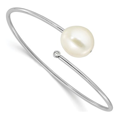 Sterling Silver Freshwater Cultured Pearl & CZ Flexible Bangle Bracelet