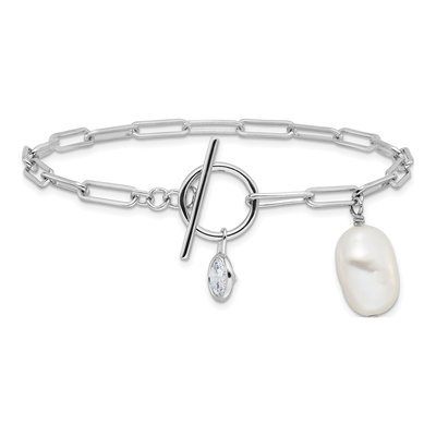 Sterling Silver Freshwater Cultured Pearl & CZ Paperclip Toggle Bracelet – view 3