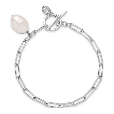 Sterling Silver Freshwater Cultured Pearl & CZ Paperclip Toggle Bracelet – view 4