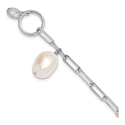Sterling Silver Freshwater Cultured Pearl & CZ Paperclip Toggle Bracelet