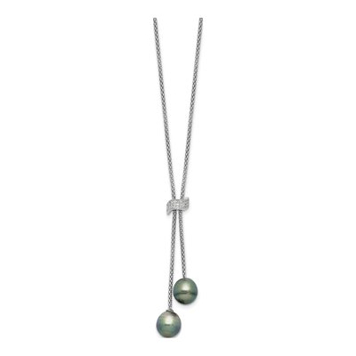 Sterling Silver Black Tahitian Cultured Pearl & CZ Dangle Necklace – view 2