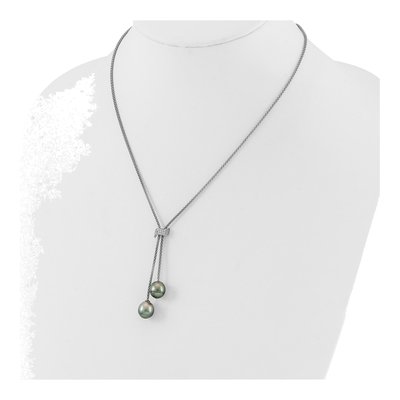 Sterling Silver Black Tahitian Cultured Pearl & CZ Dangle Necklace – view 3