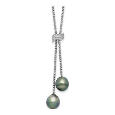 Sterling Silver Black Tahitian Cultured Pearl & CZ Dangle Necklace