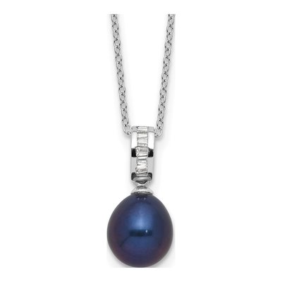Sterling Silver Black Freshwater Cultured Pearl & CZ Necklace