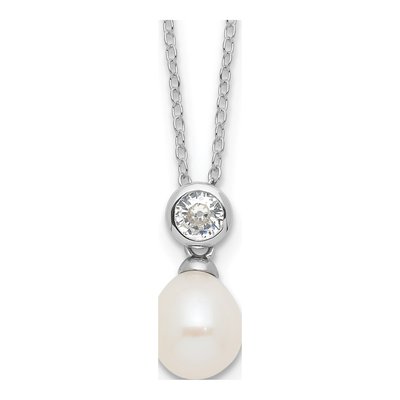 Sterling Silver Freshwater Cultured Pearl & CZ Rice Necklace