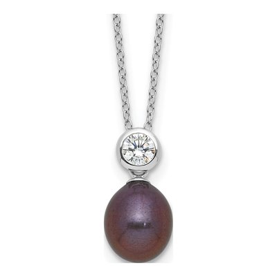 Sterling Silver Black Freshwater Cultured Pearl & CZ Necklace