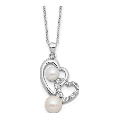 Sterling Silver Freshwater Cultured Pearl & CZ Heart Necklace