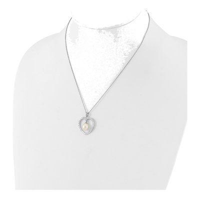 Sterling Silver Freshwater Cultured Pearl & CZ Heart Necklace – view 3