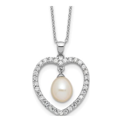 Sterling Silver Freshwater Cultured Pearl & CZ Heart Necklace