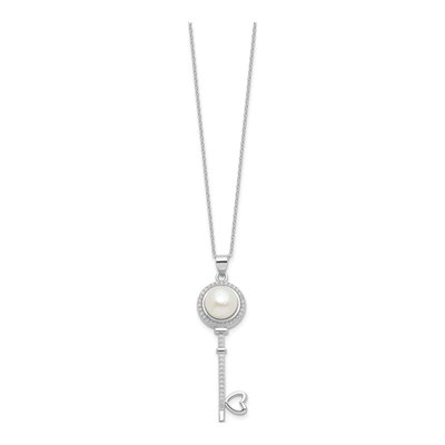 Sterling Silver Freshwater Cultured Pearl & CZ Key Necklace – view 2