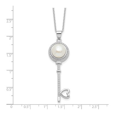 Sterling Silver Freshwater Cultured Pearl & CZ Key Necklace – view 4