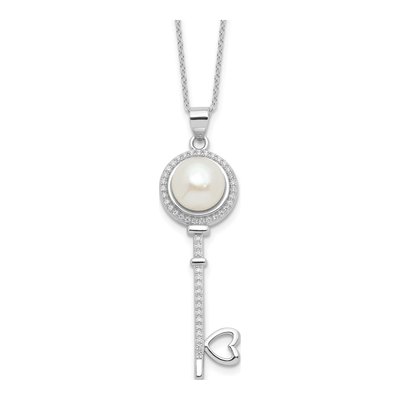 Sterling Silver Freshwater Cultured Pearl & CZ Key Necklace
