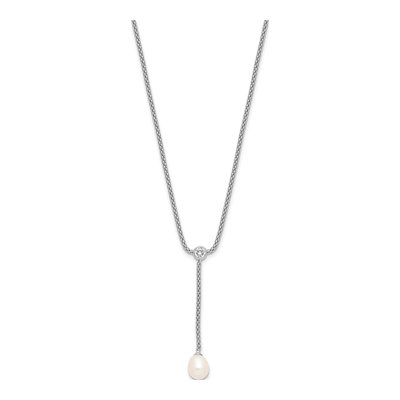 Sterling Silver Freshwater Cultured Pearl & CZ Drop Necklace – view 2