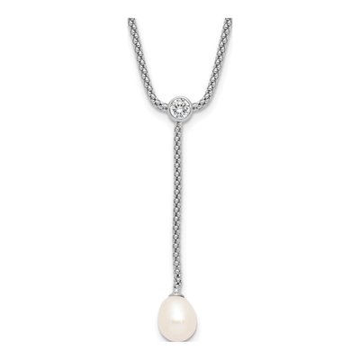 Sterling Silver Freshwater Cultured Pearl & CZ Drop Necklace