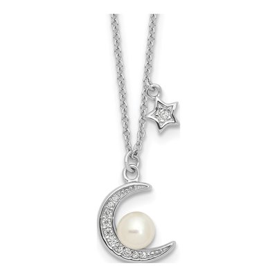 Sterling Silver Freshwater Cultured Pearl & CZ Moon Star Necklace