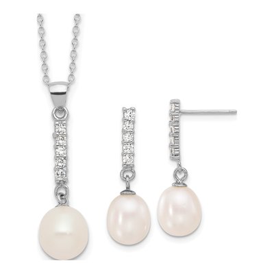 Sterling Silver Freshwater Pearl & CZ Necklace Set
