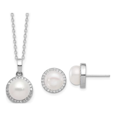 Sterling Silver Freshwater Pearl & CZ Necklace Set