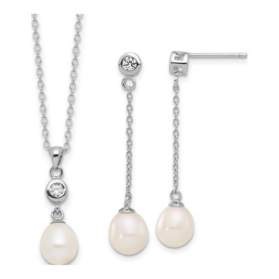 Sterling Silver Freshwater Pearl & CZ Necklace Set