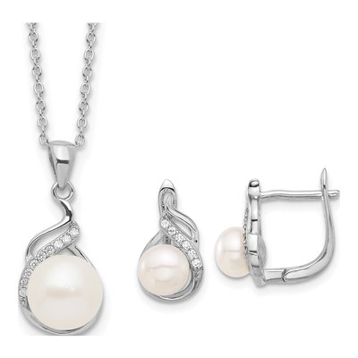 Sterling Silver Pearl & CZ Necklace & Earring Set