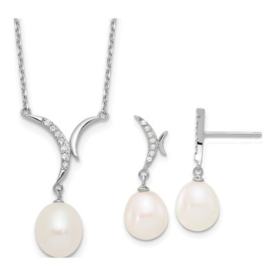 Sterling Silver Pearl & CZ Necklace & Earring Set