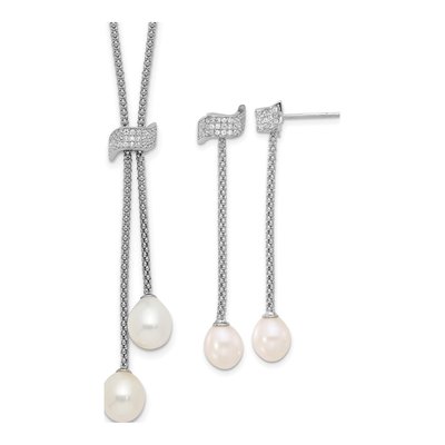 Sterling Silver Freshwater Pearl & CZ Necklace Set