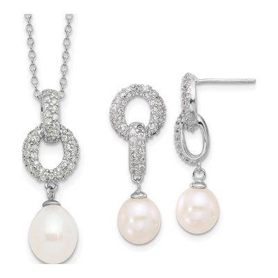 Sterling Silver Pearl & CZ Necklace and Earring Set
