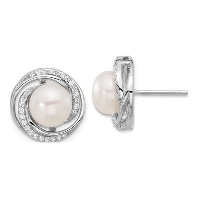 Sterling Silver Rh-Plated 8-10mm Fwc Pearl/Cz Necklace/Post Earrings Set – view 2