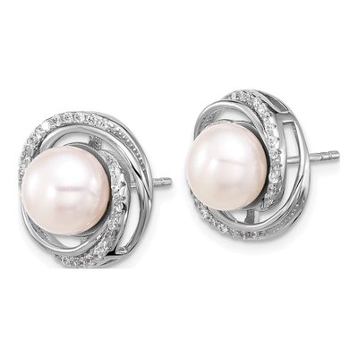 Sterling Silver Rh-Plated 8-10mm Fwc Pearl/Cz Necklace/Post Earrings Set – view 3