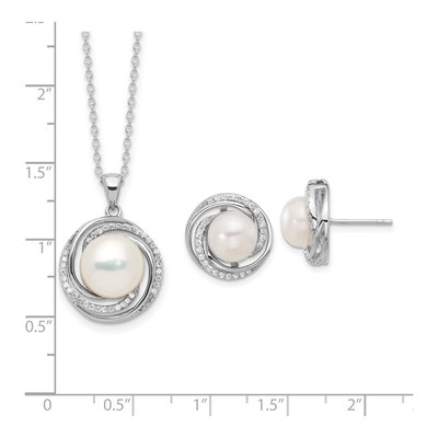 Sterling Silver Rh-Plated 8-10mm Fwc Pearl/Cz Necklace/Post Earrings Set – view 6