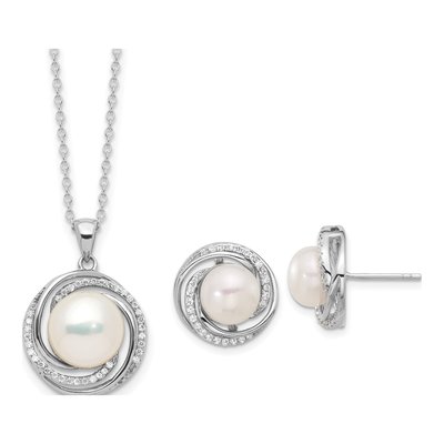 Sterling Silver Rh-Plated 8-10mm Fwc Pearl/Cz Necklace/Post Earrings Set