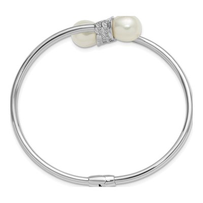 Sterling Silver Freshwater Cultured Pearl & CZ Hinged Bangle Bracelet – view 2