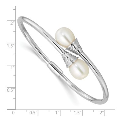 Sterling Silver Freshwater Cultured Pearl & CZ Hinged Bangle Bracelet – view 3